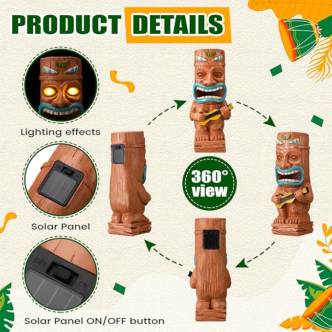 Suzile 2 Pcs Solar Tiki Statues for Outdoor Decor 9.84 Inch Tiki Bar Decorations Statues with Flickering Eyes LED Light Solar Sculpture Decor for Bar Lawn Yard Garden Gifts