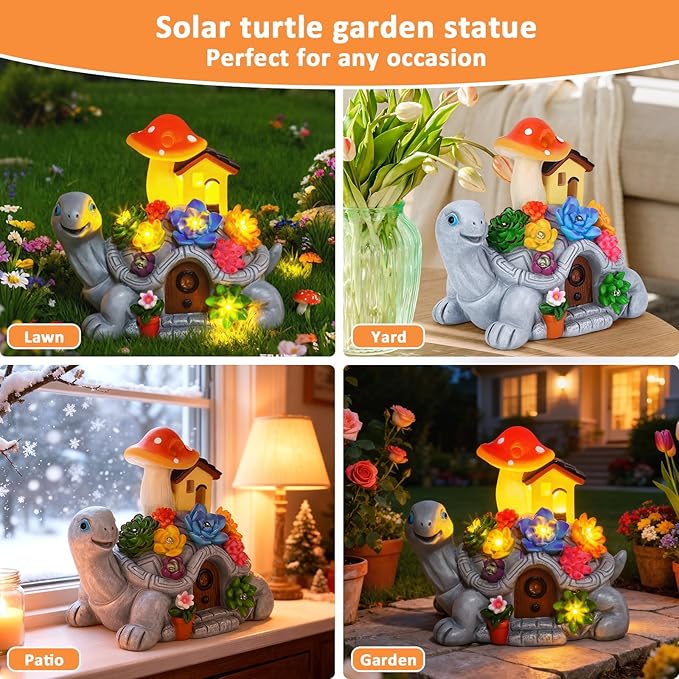 Solar Garden Outdoor Statues Turtle with 7 LED Lights, Shatter-Resistant Resin Tortoise Garden Ornaments for Yard, Patio, Lawn, Balcony, Home, Mom Birthday Gifts for Women Grandma