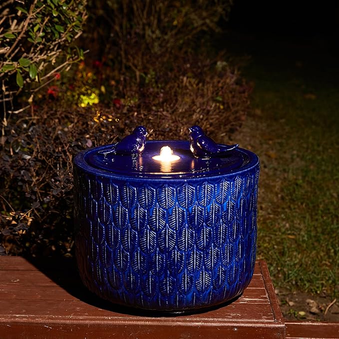 Glitzhome 14.75”H Outdoor Ceramic Garden Water Fountain with LED Lights and Pump, Two Birds Embossed Leaf Pattern Patio Fountain Floor Standing Bird Bath Fountains for Porch Deck Backyard, Cobalt Blue