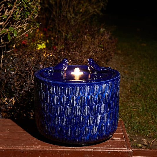 Glitzhome 14.75”H Outdoor Ceramic Garden Water Fountain with LED Lights and Pump, Two Birds Embossed Leaf Pattern Patio Fountain Floor Standing Bird Bath Fountains for Porch Deck Backyard, Cobalt Blue