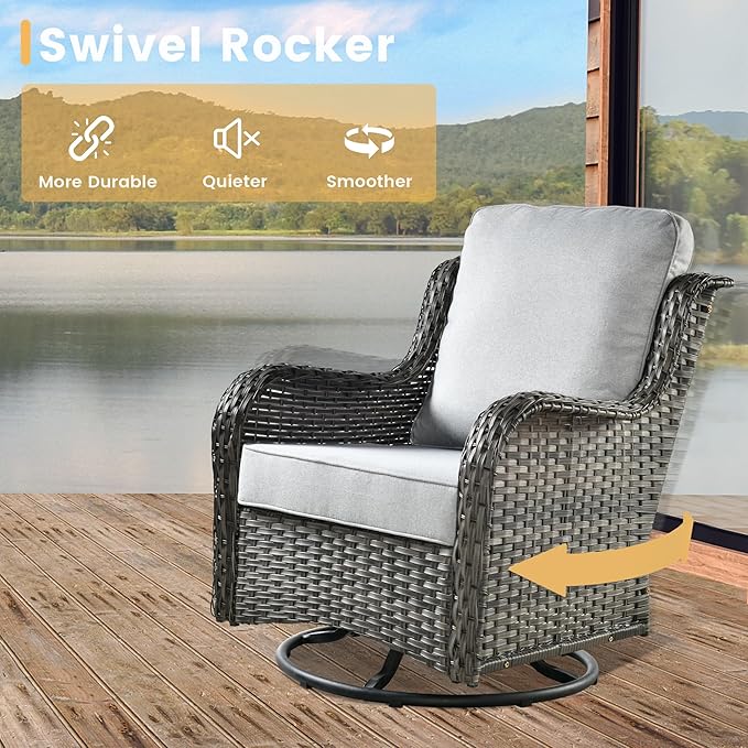 HOOOWOOO Patio Furniture Set,3 Piece Outdoor Furniture with Swivel Chairs,Wicker Patio Bistro Chairs Set,Light Gray