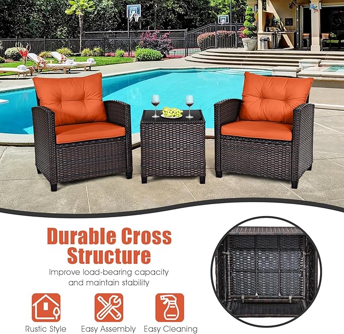 HAPPYGRILL 3 Pieces Patio Conversation Set, Outdoor Furniture Set PE Rattan Sofa Set with Removable Cushions, PE Wicker Chairs with Tempered Glass Side Table for Porch Lawn Garden Balcony Backyard