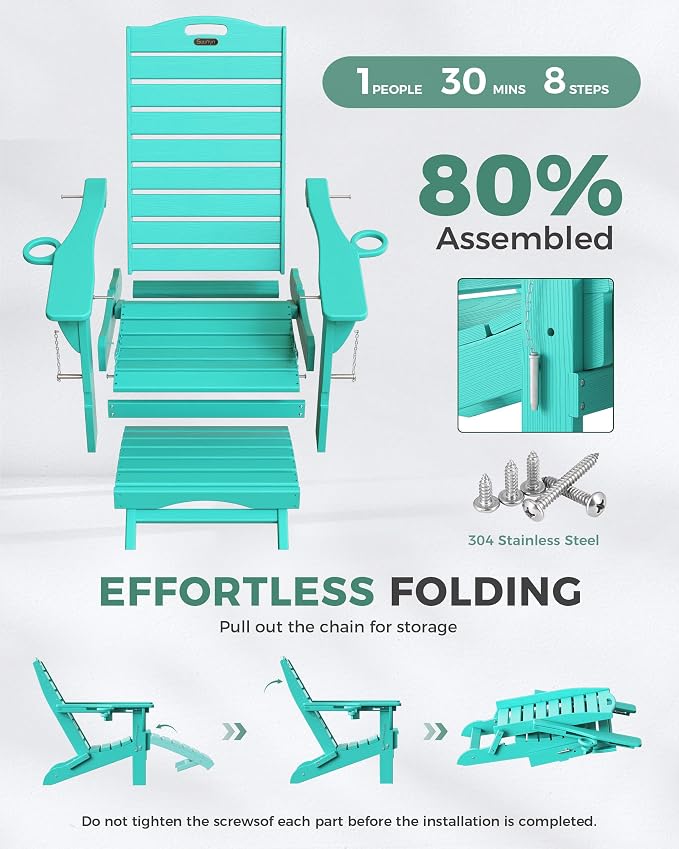 Folding Adirondack Chairs Set of 4,Adirondack Chair with Retractable Ottoman,Plastic Adirondack Chairs with 2 Cup Holder,Weather Resistant Patio Chair,Outdoor Chairs Set of 4(Lake Blue) - Image 7