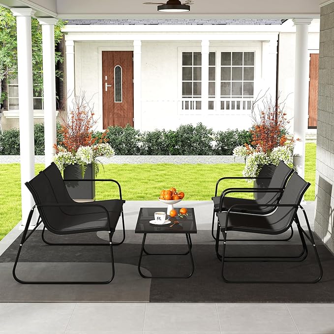 Tangkula 4 Piece Patio Furniture Set, Outdoor Metal Conversation Chair & Coffee Table Set with Mesh Seat Fabric & Tempered Glass Tabletop, Outside Bistro Set for Backyard, Porch, Poolside (1, Black)