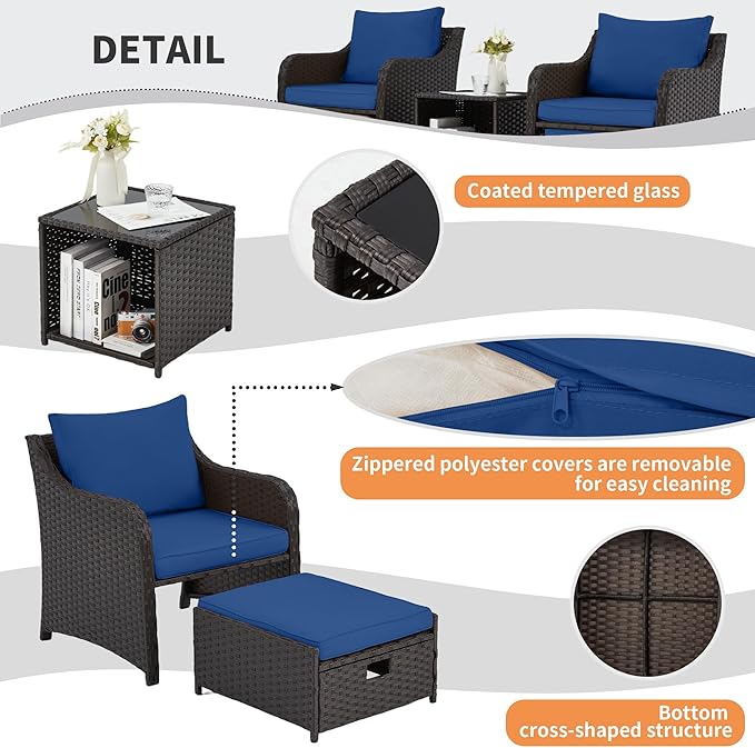 HOMREST 5 Piece Balcony Furniture, All Weather PE Wicker Rattan Patio Furniture Set, Cushioned Patio Chairs Set of 2 w/Ottoman&Table, Outdoor Lounge Chair for Lawn Pool Balcony, Navy Blue