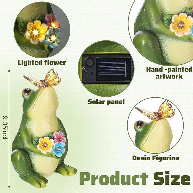 Solar Garden Frog Decor Resin Outdoor Frog Decor Figurine with LED Light Frogs Garden Statue for Outside Yard Patio Balcony Ornament Housewarming Gift for Women Mom Grandma