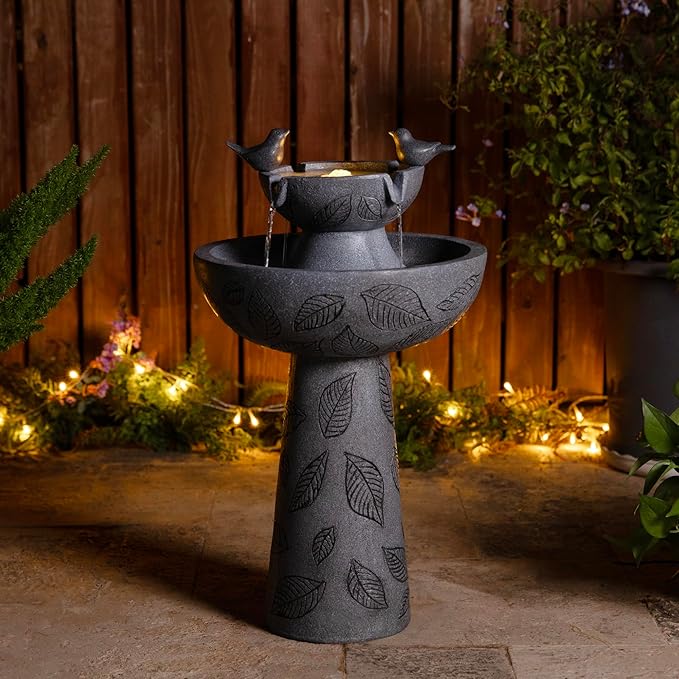 Glitzhome Outdoor Water Fountain with Lights & Pump, 26" H 2-Tiered Polyresin Bird Bath Fountain Floor-Standing Water Feature Waterfall Fountain for Garden, Yard, Patio, Home Decor