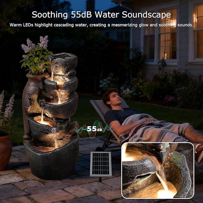 5 Tier Rock Solar Water Fountain Outdoor with Vintage Jar, Cascading Waterfall Fountain with LED Lights, Outdoor Fountains for Garden or Patio, Yard, Deck Decor, 16.5" L x 12.6" W x 31.7" H