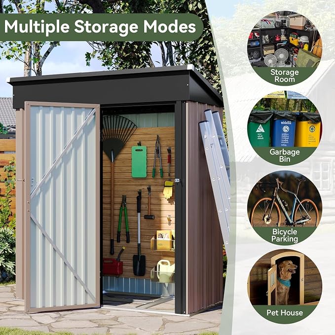 Aoxun 5’ x 2.9’ Shed Outdoor Storage Shed with Lockable Doors & Slooping Roof Metal Garden Tool Shed for Backyard, Patio, Poolside (Brown) - Image 6