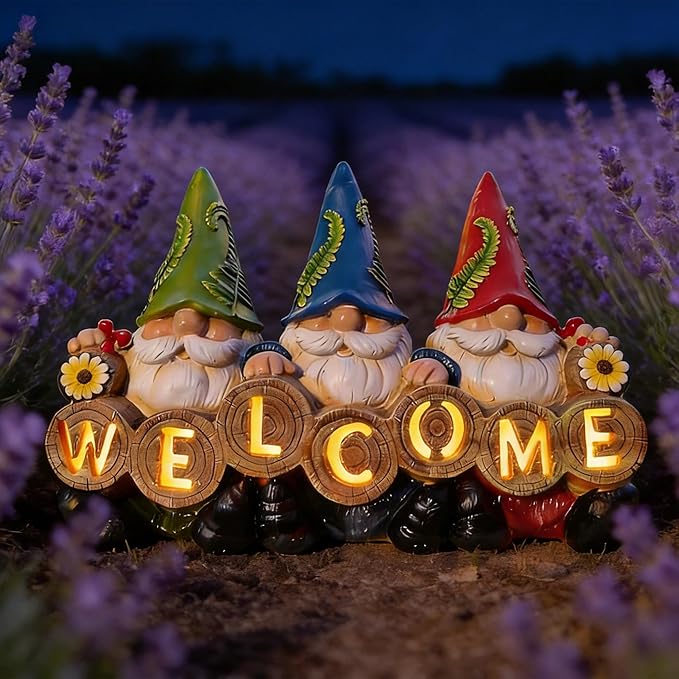 Garden Gnomes Solar Powered Welcome Statue, Outdoor Patio Yard Decor, Durable Resin, for Mom/Grandma, Anniversary & Easter Gifts for Women/Grandkids, Perfect for Spring Gardening