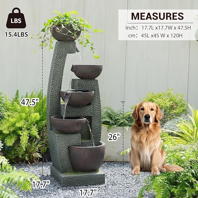 47.4" Large Outdoor Water Fountain with Planter Top & LED Lights, 5-Tier Cascading Garden Water Fountain, Modern Patio Waterfall Feature for Backyard, Patio & Lawn, Indoor & Outdoor Decor