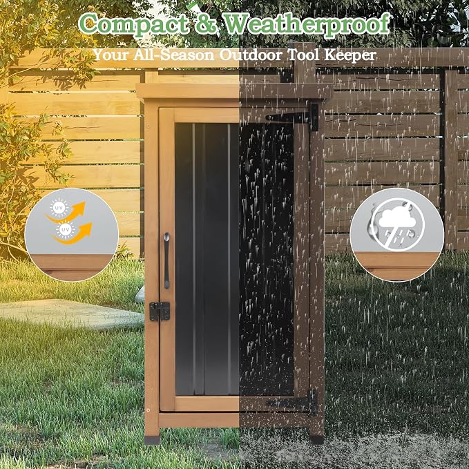 Outdoor Storage Cabinet Waterproof with Metal Top, Wooden Potting Bench Table Tool Organizer with Adjustable Shelf for Patio Backyard Garden - Image 5
