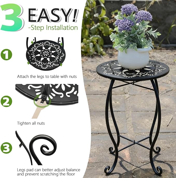 Arbuxzuy 17" Tall Round Metal Outdoor Side Tables for Patio, Decorative Black Flower Pot Stand, Rustproof Potted Holder, 120 lbs Load Capacity - Image 7