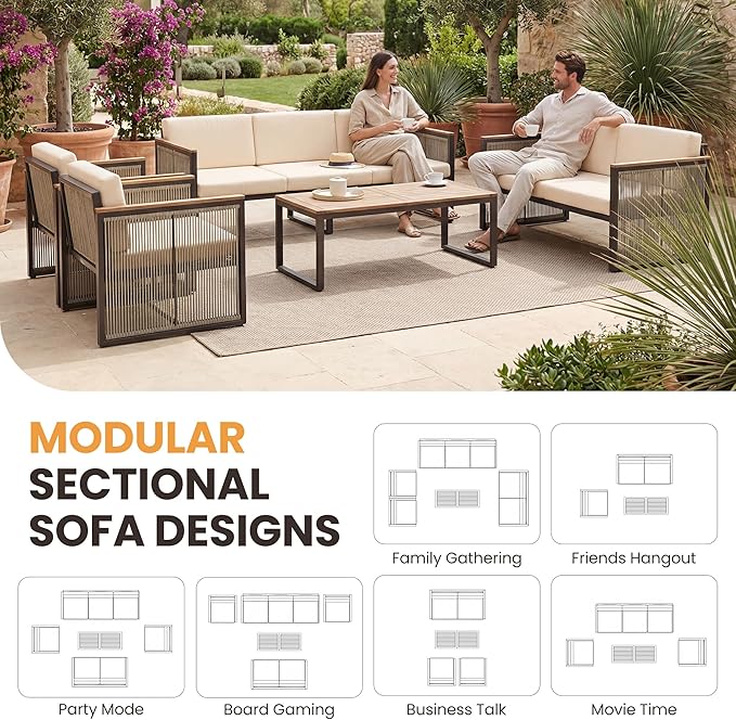 5 Piece Patio Conversation Set for 7, Modular Patio Sofa Couch with Cushions, Rattan Outdoor Patio Furniture Set with Loveseat/Coffee Table, Outdoor Sectional Furniture for Deck/Porch, Beige