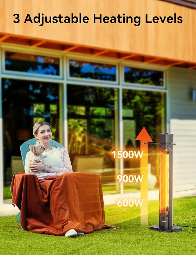 VAGKRI Outdoor Electric Patio Heater, 1500W Dual Carbon Tube Infrared Heater, Tip-Over & Overheat Protection,1S Instant Heat, IPX5 Waterproof, Tower Space Heater for Patio, Backyard & Garage