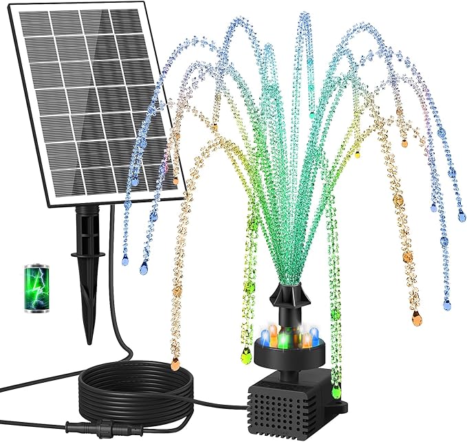 Solar Fountain Pump with Adjust Glass Panel, Upgrade 3.5W Solar Water Pump with Stake, 16.4ft Cable, 2000mAh Battery, Colorful Lights, Solar Powered Fountain Kits for Bird Bath, Hummingbird