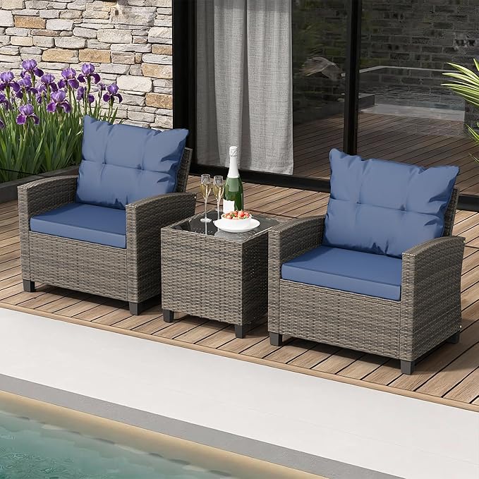 Shintenchi 3 Pieces Patio Furniture Set 3 Pieces PE Rattan Wicker Chairs with Table Outdoor Furniture for Backyard/Garden/Poolside/Outdoor Restaurant Gary Rattan with Blue Cushion