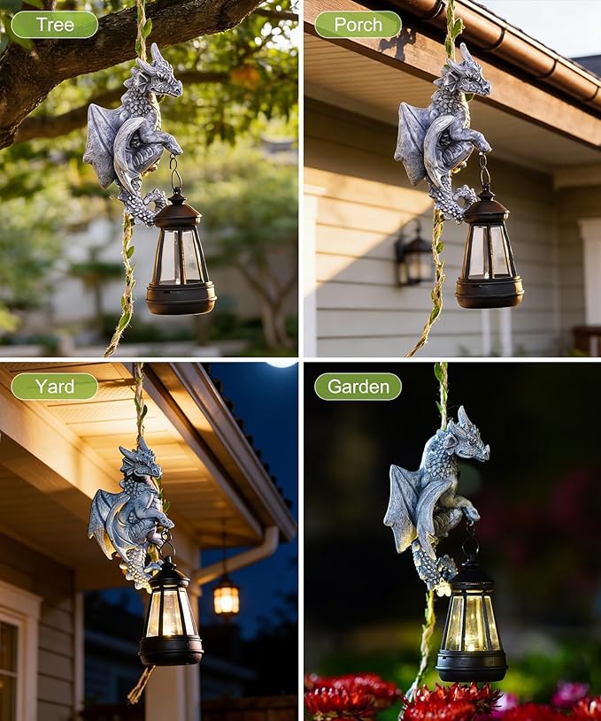 Nacome Dragon Outdoor Statues for Garden: Outside Hanging Climbing Sculptures with Lantern Decor for Yard Art Porch Balcony - Birthday Gifts for Grandma Mom Women