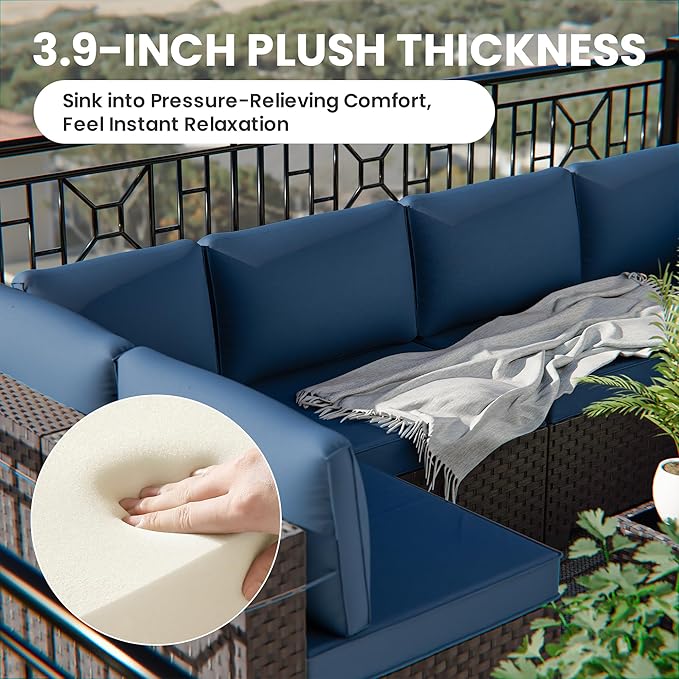 13 Pieces Outdoor Patio Furniture Set,Outdoor Sectional Furniture with 43" 55000 BTU Gas Propane Fire Pit Table,PE Rattan Wicker Patio Conversation Set with 10 Thickened Cushions,Navy Blue