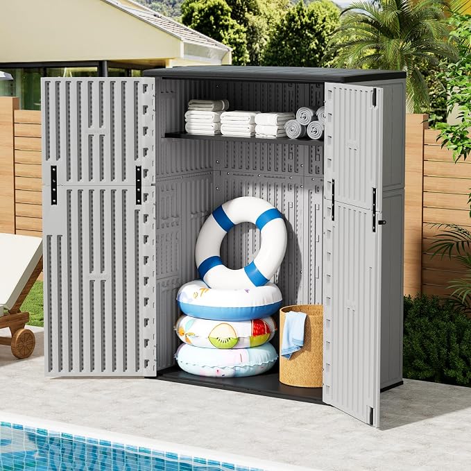 ZZM 57 Cu.ft Outdoor Storage Shed HDPE Storage Cabinet, Double-Wall Resin Sheds with Floor Vertical Lockable Sheds Garden Tools Trash Can, Lawn Mower, Bike Storage, Waterproof, Gray - Image 5
