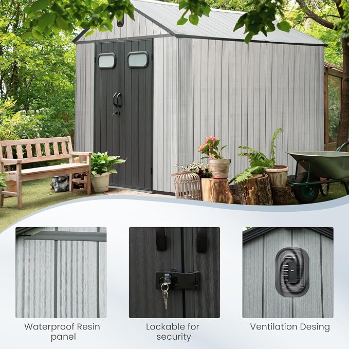 Domi 8x16 FT Outdoor Resin Storage Shed, All-Weather Double-Wall Storage Building with Lockable Doors and Ventilated Roof, Ideal for Lawn Tools, Bikes, Mowers, and Pool Equipment, Grey - Image 8