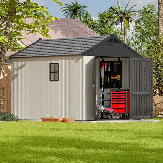 Patiowell 8x10 FT Plastic Shed Outdoor Storage Shed with Floor, Resin Garden Tool Shed Lockable Door & Two Windows for Patio, Backyard, Bike & Organizer, Beige by Patiowell