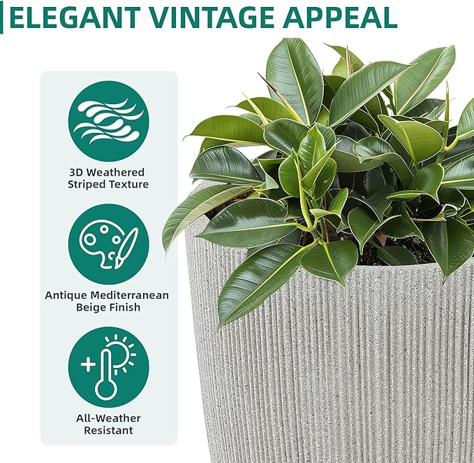 19" Tall Planter for Indoor Outdoor Plants, Set of 2 Large Flower Pot with Drainage Hole, Weather/UV-Resistant Resin Planters for Garden Patio Porch Home office Decor, Mediterranean Beige Fluted