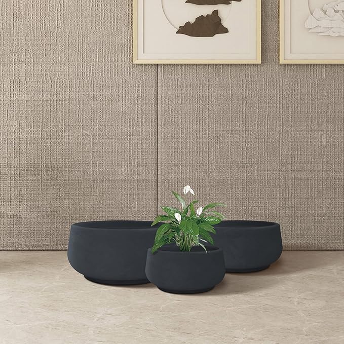Kante 21.6",16.9",and 12.5" Dia Round Charcoal Elegant Planters (Set of 3), Outdoor Indoor Garden Plant Pot with Drainage Hole and Rubber Plug for Home & Patio
