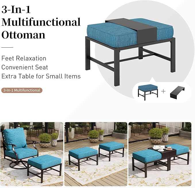 7 Piece Metal Outdoor Patio Furniture Sets, Patio Conversation Sets 3-seater Sofa, 2 Fixed Chair, 2 Rocking Chair, 2 Ottomans with 5.75" Thick Cushion, Black Backyard Furniture, Blue-2