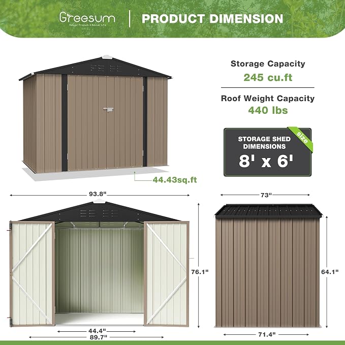 Greesum 8x6FT Outdoor Storage Shed, Utility Tool Shed with Sloping Roof, Metal Storaged Garden Shed with Door & Lock for Patio Storage, Brown - Image 2