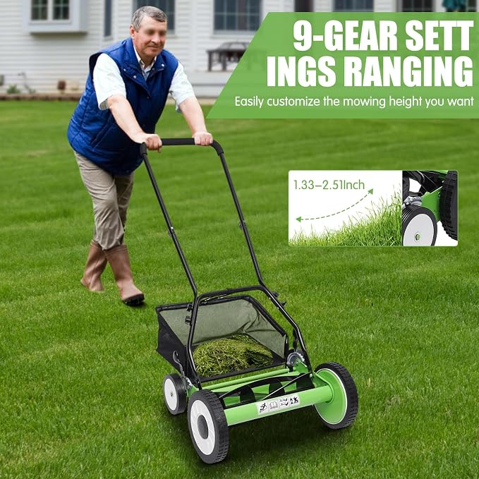 16Inch Reel Mower with 5-Blades, Universal Manual Lawn Mower w/Grass Catcher Adjustable Cutting Height Push Lawn Mower - Image 4