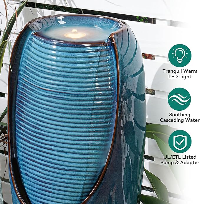 32" H Outdoor Garden Fountain with LED Lights, Modern Ceramic Jar Water Feature, Tropical Leaf Embossed Pattern, Teal Blue Glaze, Soothing Cascading Waterfall for Patio, Yard, Porch