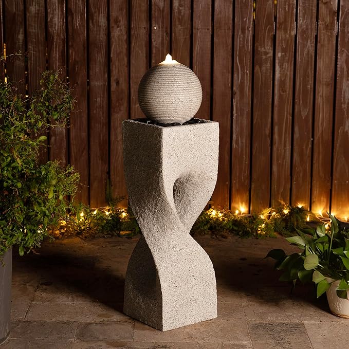 Glitzhome Outdoor Water Fountain with Lights, Outdoor Fountain with Pump, 36.5" H Modern Faux Terrazzo Geometric Pedestal and Sphere Polyresin Garden Fountains for Patio, Balcony, Yard Or Home Decor
