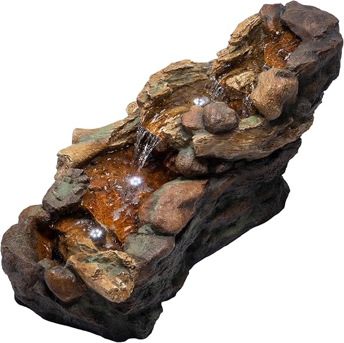 Alpine Corporation TZL288 Indoor/Outdoor Cascading Stone River Waterfalls Floor Fountain with LED Lights, 40 inches Long, Brown