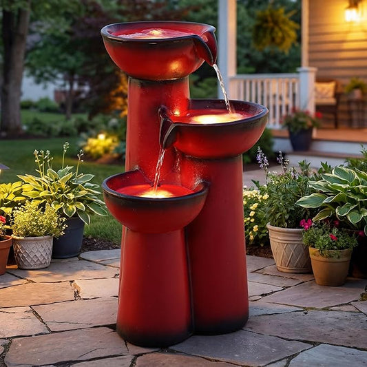 27" Outdoor Water Fountain with LED Lights, 3-Tier Cascading Faux Ceramic Column Water Feature with Pump for Garden Patio Backyard, Weather-Resistant Resin Waterfall for Serene Oasis, Red