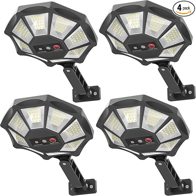 Solar Lights Outdoor, 168LED 6500K Flood Light Dusk to Dawn, 8 Sides Solar Outdoor Lights with Motion Sensor, IP66 Waterproof Solar Street Lights Outdoor for Yard, Pools(4 Pack)