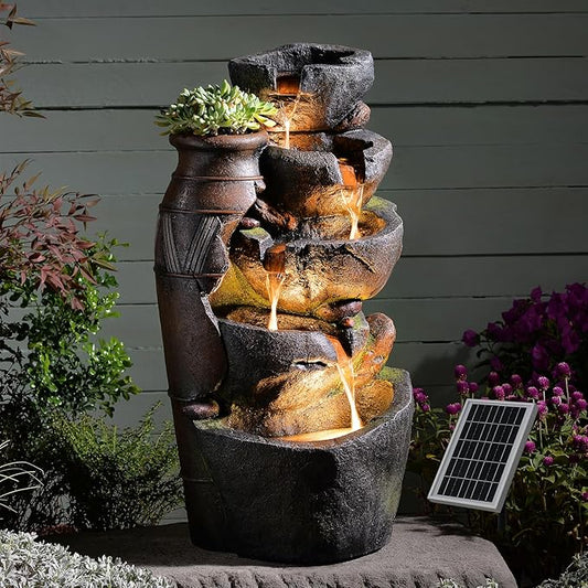 5 Tier Rock Solar Water Fountain Outdoor with Vintage Jar, Cascading Waterfall Fountain with LED Lights, Outdoor Fountains for Garden or Patio, Yard, Deck Decor, 16.5" L x 12.6" W x 31.7" H