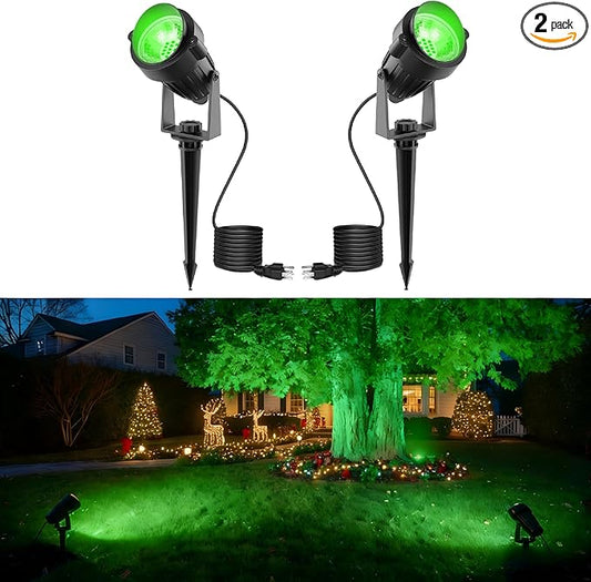 L LOHAS LED Green Spotlight Outdoor, Tree Spot Lights for Yard, Auto On/Off 5W 120V Landscape Lighting for House, Holiday, Christmas Decoration, 450LM IP66 Waterproof, UL Listed, 2 Pack