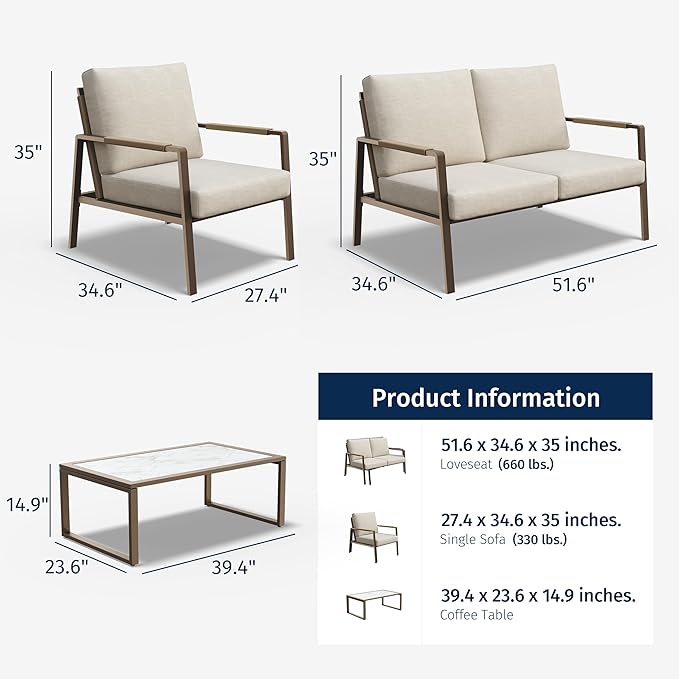 East Oak 4-Piece Outdoor Patio Furniture Set, Patio Conversation Sets with Thick Cushions,Waterproof Outside Seating Furniture with Rattan Armrests, Loveseat and Coffee Table for Backyard, Apricot