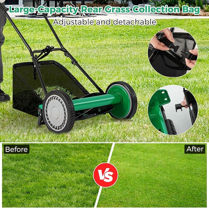 16" Manual Rear Mower, Push Lawn Mower with 5 Steel Blades, Adjustable Cutting Heights & Grass Catcher Bag, Walk-Behind Grass Cutter Lawn Sweeper for Garden, Park & Yard (Green) - Image 5