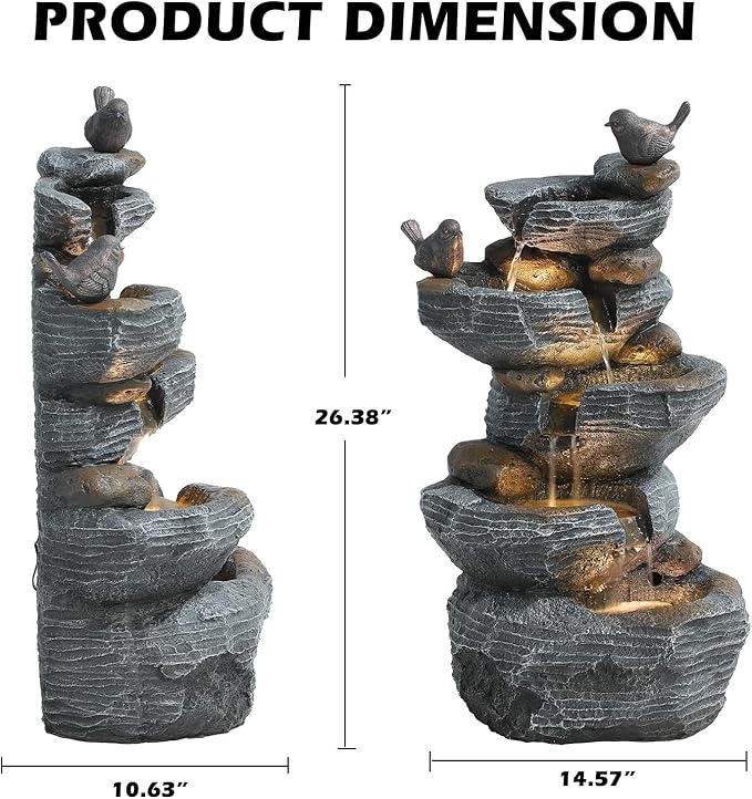 Grepatio Outdoor Water Fountain 5 Tier Cascading Rock Waterfalls Fountains with 4 LED Lights and Pump Indoor/Outdoor Modern Floor Standing Garden Water Fountain for Yard, Patio, House Decor