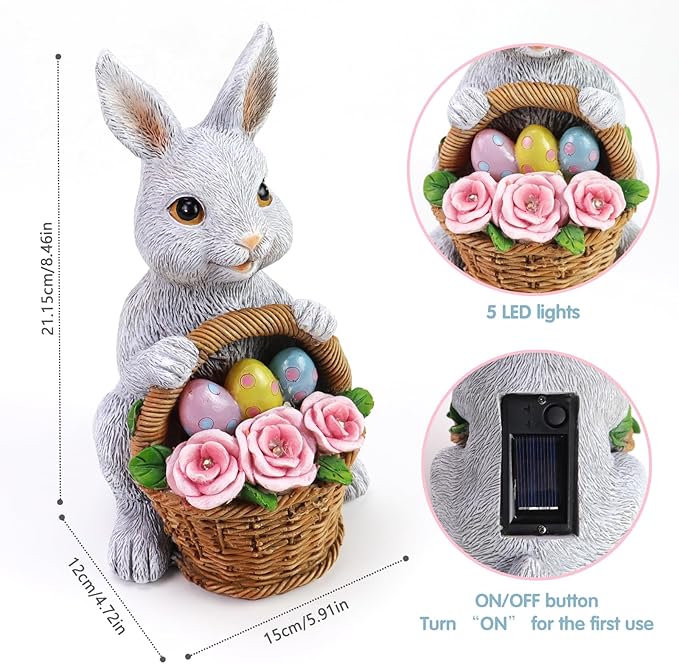 Bunny Easter Decorations Outdoor, Solar Rabbit Garden Statue, Unique Outside Lawn Animal Ornaments for Patio Clearance Balcony Court, Great Housewarming Gifts to Mom Women Birthday Mother's Day
