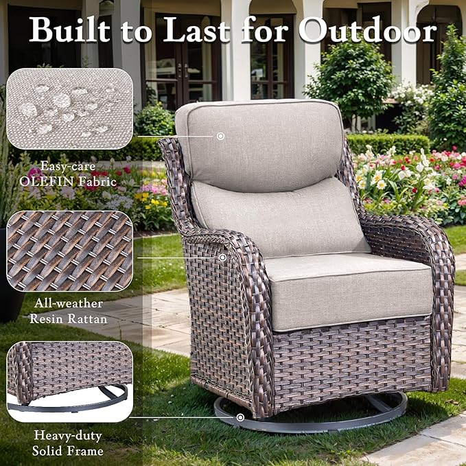 Luxury High Back Outdoor Furniture with 6-inch Extra Thick Cushions, Patio Furniture Set with Swivel Chairs, 4 PCS Wicker Conversation Set for Yard, Deck, Poolside, Brown/Beige