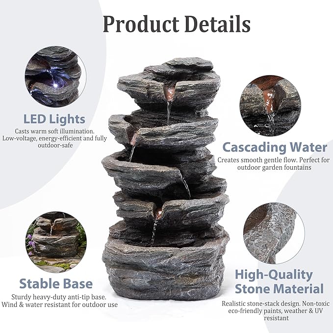 19.7" Tall Outdoor Water Fountain, 5 Tier Cascading Bowls and Stacked Water Fountain with LED Lights, for Yard Décor, Backyard, Patio and Deck (19.7'')