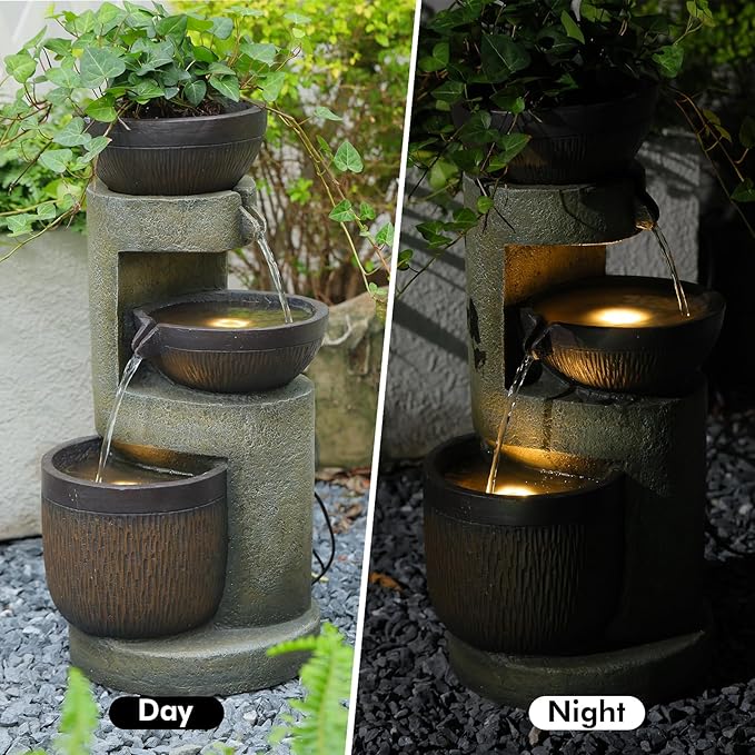 3-Tier Natural Bowl Cascading Garden Water Fountain with LED Lights - Water Fountain Outdoor Indoor Decor for Garden, Patio, Deck, Porch and Office Living Room Home Art Decor 10"x9"x20"