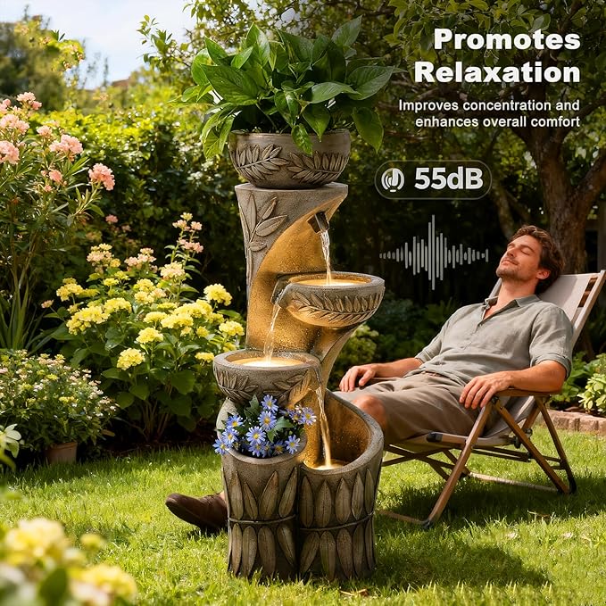 35.6" H Outdoor Water Fountain - Relief Leaf Design 4 Tiers Modern Cascading Bowls and Garden Fountains with Lights for Patio, Deck, Porch, Lawns, Backyard and Home Art Decor