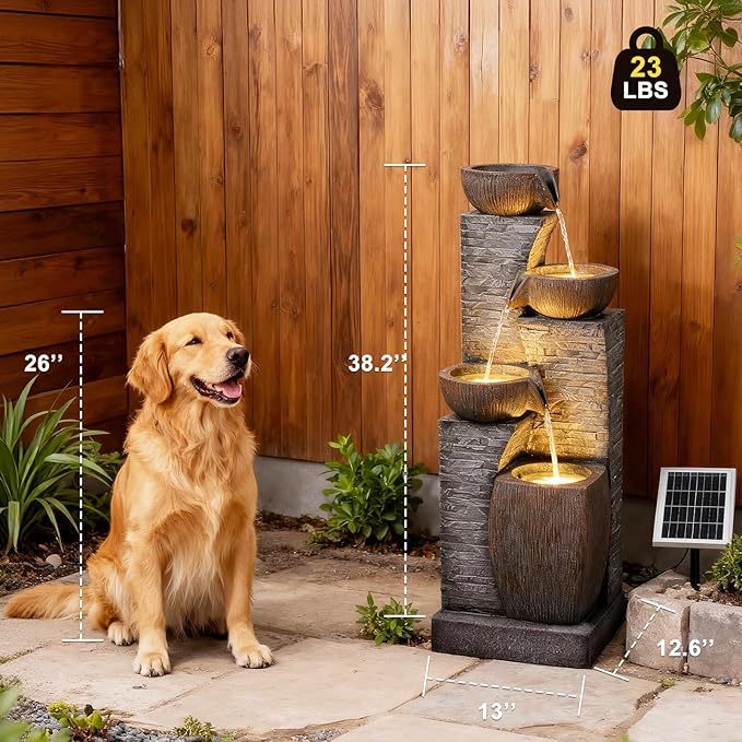 38.2" Tall Solar Water Fountain Outdoor Garden,Stone Texture Modern 4 Tiers Cascading Bowls Garden Fountains Outdoor,Suit for Patio, Deck, Porch, Lawns, Backyard and Home Art Decor