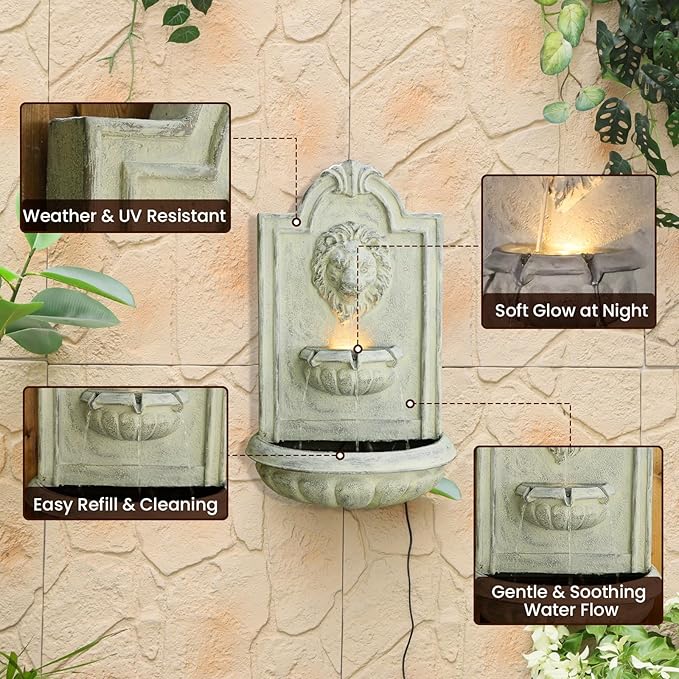 Lion Head Wall Hanging Fountain, 27.5" H Classic Outdoor Wall-Mounted Water Feature, Resin Antique Garden Wall Fountain with LED Light & Water Basin for Patio, Porch, Yard & Courtyard Décor