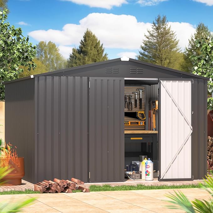 AECOJOY 8' x 10' Outdoor Storage Metal Shed, Dark Grey Steel Yard Shed & Outdoor Storage Clearance with Design of Lockable Doors, Utility and Tool Storage for Garden, Backyard, Patio, Outside use - Image 2