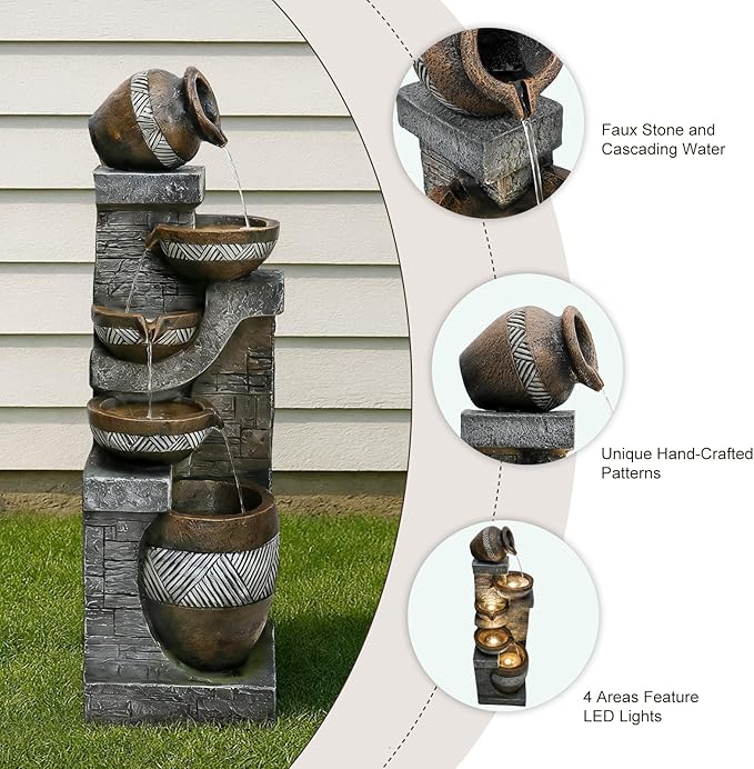 Naturefalls 42.5" Tall Outdoor Water Fountain and Waterfalls - Large Garden Fountain with LED Lights, 5-Tier Cascading, Indoor and Outdoor Fountains for Garden, Patio, Deck, Porch, Backyard and Home